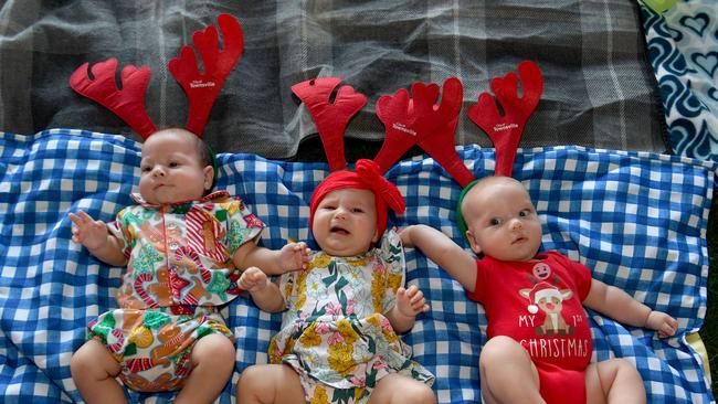 Carols by Candlelight at Riverway 2022. Benjamin Foster, 4 months, Ivy Cobden 4 months, and Myles Godard, 3 months. Picture: Evan Morgan