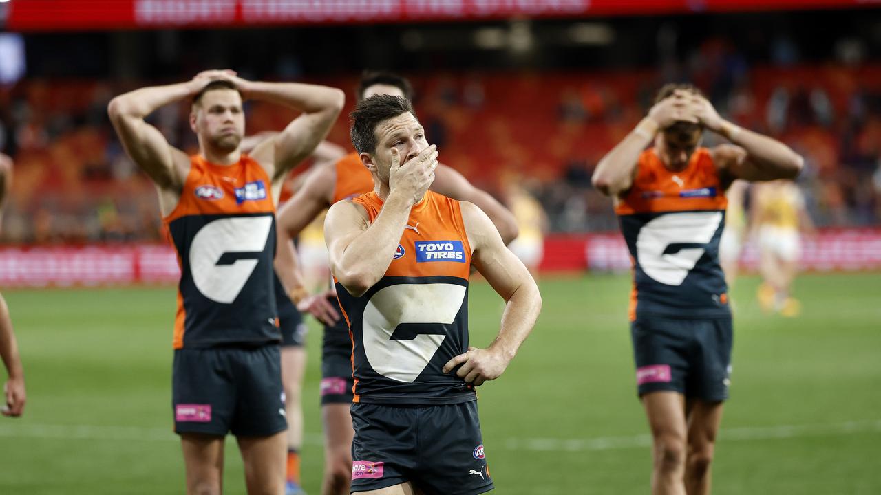 GWS players after the season-ending loss to the Lions. (Photo by Phil Hillyard)