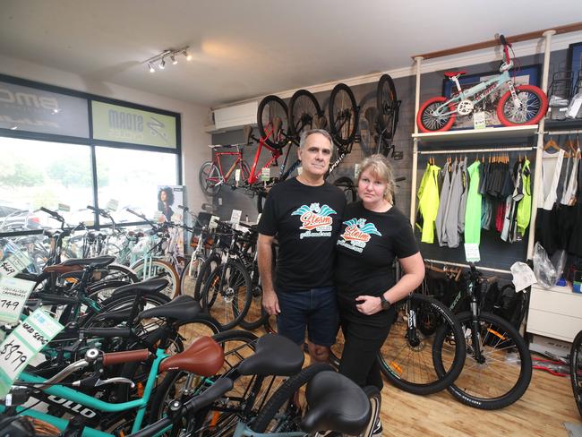 Owners Terry and Sheridan Bosworth at Storm Cycles in Tugun. Picture: Glenn Hampson.