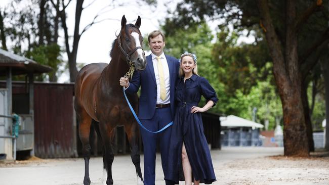 DAILY TELEGRAPH 11TH OCTOBER 2022Pictured at Bjorn Baker Racing at Warwick Farm in Sydney is trainer Bjorn Baker and wife Andrea with Overpass one of their two runners in this weekends 2022 Everest.Picture: Richard Dobson