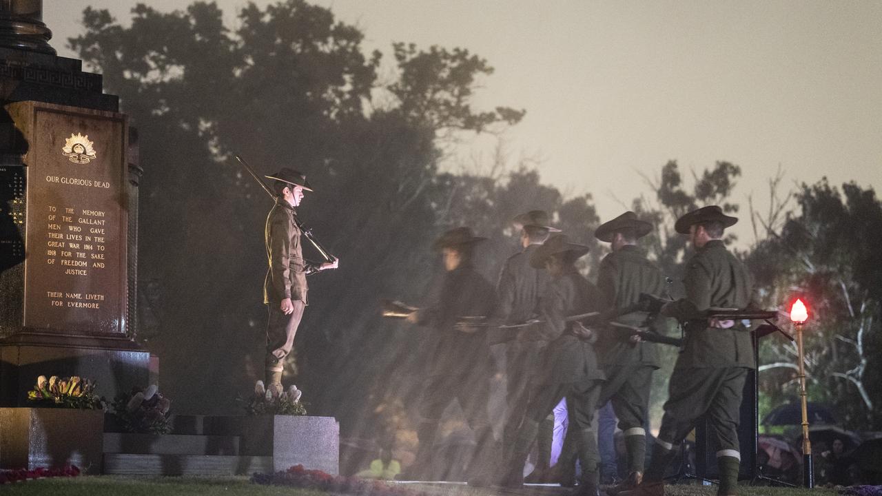 The changing of the Guard by students of the Toowoomba Grammar School Honour Guard at the Mothers' Memorial for the Anzac Day Toowoomba Dawn Service, Tuesday, April 25, 2023. Picture: Kevin Farmer