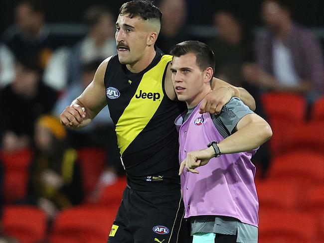 Ivan Soldo had to be helped from the field and the Richmond camps isn’t optimistic about his knee injury. Picture: Michael Klein