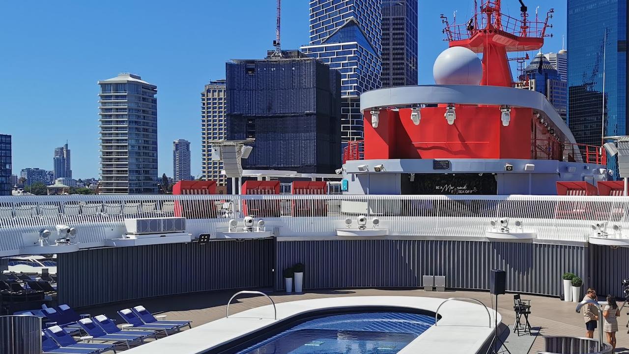 Sir Richard welcomed Resilient Lady to Circular Quay as she pulled into the Overseas Passenger Terminal for the first time. Picture: news.com.au