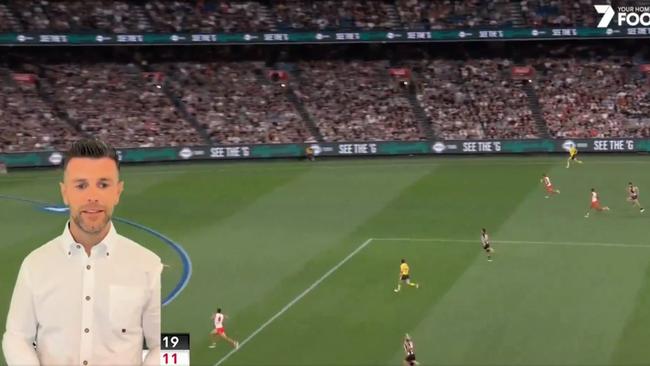 Trent Cotchin analyses Collingwood's struggles against the Swans. Photo: Twitter, @FootyonNine.