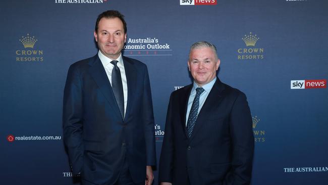 Origin chief executive Frank Calabria, left, with Santos CEO Kevin Gallagher. Picture: John Feder