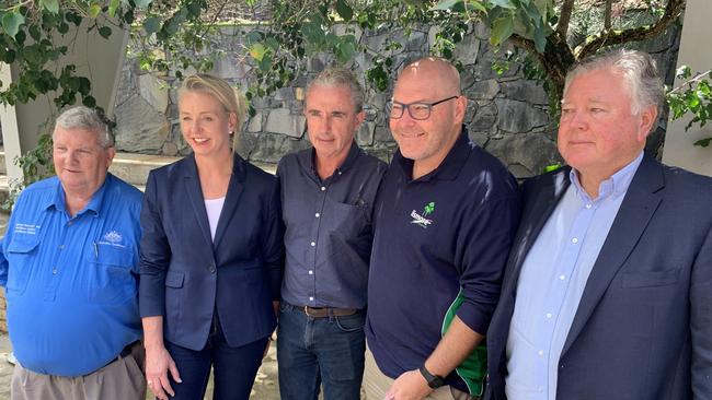 Recovery Agency co-ordinator Shane Stone, Senator Bridget McKenzie, Page MP Kevin Hogan, Lismore Mayor Steve Krieg and Lismore City Council general manager John Walker announced a flood mitigation study on Friday.