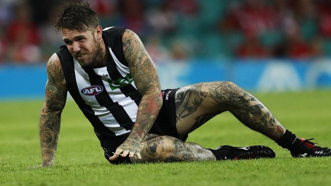 Dane Swan broke his leg and foot in the opening minutes of Collingwood’s Round 1 game this year. Picture: Phil Hillyard