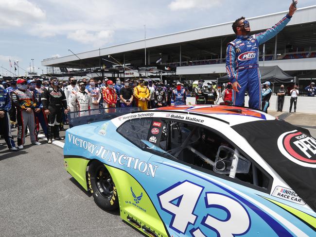 Bubba Wallace with fellow NASCAR drivers who supported him after a noose was found in his garage at the Talladega Superspeedway. Picture: AP