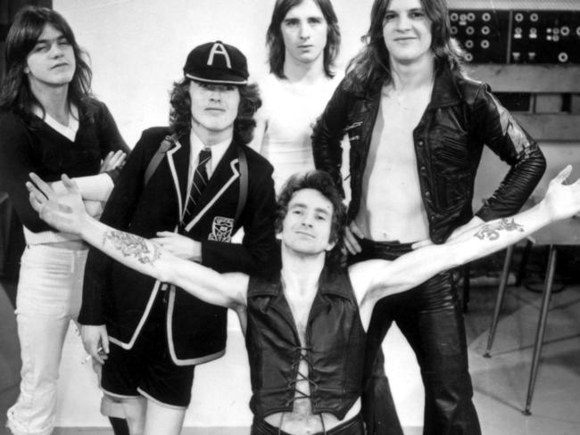 Band AC/DC with lead singer Bon Scott in front. Picture: File Photo