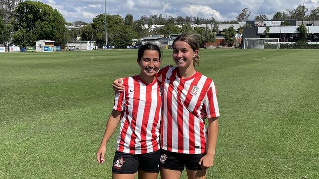 Kelvin Grove's Sierra McCaffrey last year with her mate, Jaci Plumpton.