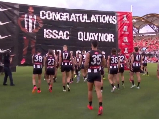 The Collingwood banner against Gold Coast had a critical spelling error. Picture: Supplied