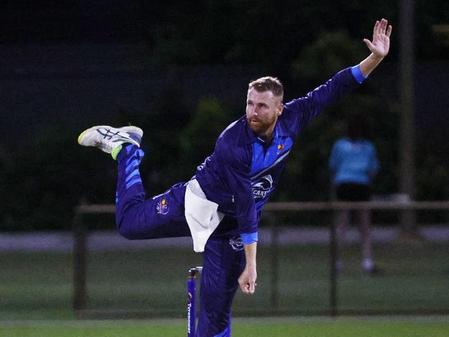 Mark Ellis bowls for the Halpin Hurricanes in the first Barrier Reef Big Bash T20 cricket match of the 2023 season, held between the Halpins Hurricanes and the Designer Homes Dare Devils at Griffiths Park, Manunda. Picture: Brendan Radke