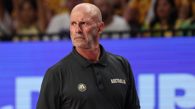 OKINAWA, JAPAN - AUGUST 29: Head coach Brian Goorjian of Australia looks on during the FIBA Basketball World Cup Group E game between Australia and Japan at Okinawa Arena on August 29, 2023 in Okinawa, Japan. (Photo by Takashi Aoyama/Getty Images)