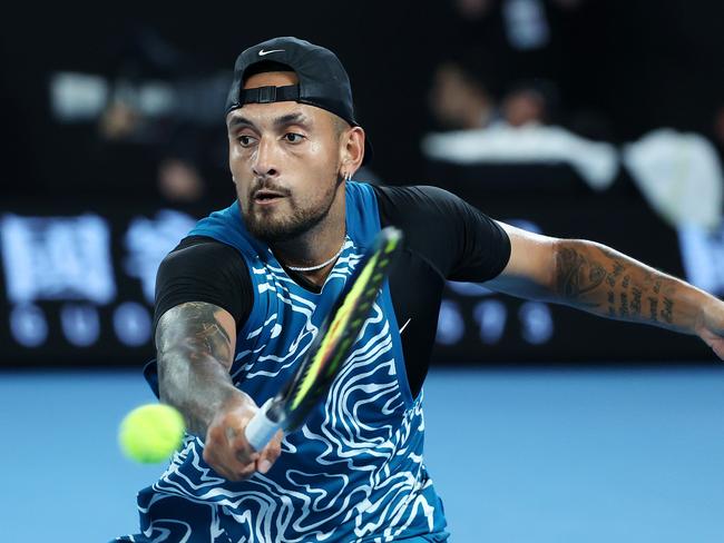 Nick Kyrgios during the warm-up showcase that cast doubt over his knee’s ability to stand up to tournament play. Picture: Mark Stewart