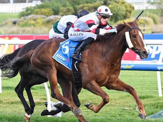 Pinstriped ridden by Ben Allen wins the Stow Storage Memsie Stakes at Caulfield Racecourse on August 31, 2024 in Caulfield, Australia. (Photo by Reg Ryan/Racing Photos via Getty Images)