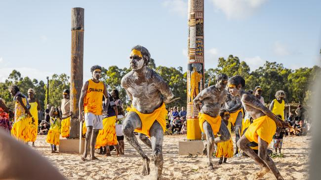 The Gumatj dancers perform during the Bungul during Garma Festival. Picture: Getty Images