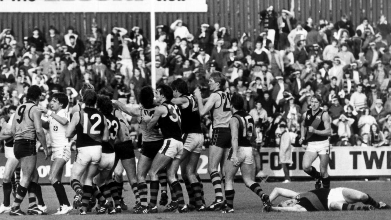 Stoneham lies unconscious after being hit by Robert DiPierdomenico at Windy Hill in 1983.