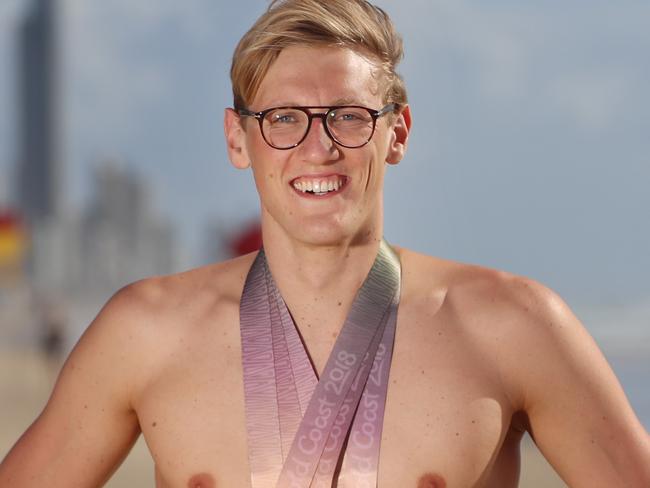 2018 Commonwealth Games on the Gold Coast in QLD. The Australian Swim Team at Mermaid Beach after their record breaking medal tally. Mack Horton with his medals.  Picture: Alex Coppel.