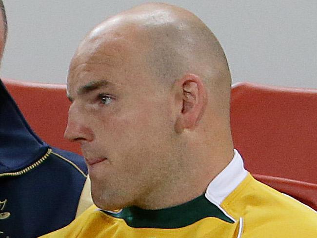 Wallabies captain Stephen Moore injured on the bench. The Wallabies vs France at Suncorp Stadium in Brisbane. Pic Peter Wallis