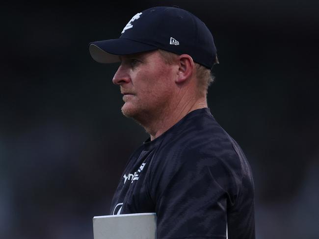 MELBOURNE, AUSTRALIA - FEBRUARY 28: Michael Voss, Senior Coach of the Blues looks on during the 2024 AFL Community Series match between Carlton Blues and Melbourne Demons at Ikon Park on February 28, 2024 in Melbourne, Australia. (Photo by Daniel Pockett/Getty Images)