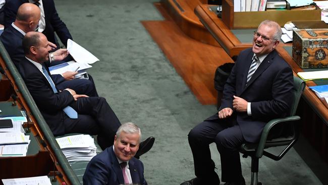 After a fortnight of mess and mistakes, Scott Morrison was keen raise his own spirits and those of his colleagues during question time on Thursday. Picture: Getty Images