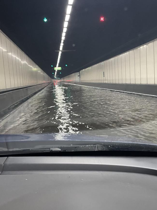 Flooding in the airport tunnel on Saturday morning.