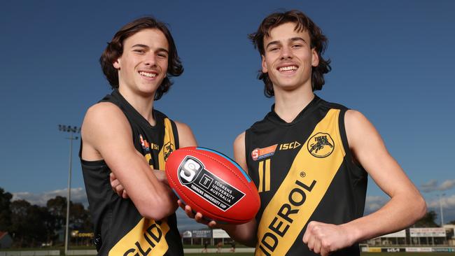 Twin brothers Ben and Lucas Camporeale – sons of Carlton great Scott Camporeale – ahead of Glenelg's under-16 SANFL finals series. Picture: SANFL/Cory Sutton