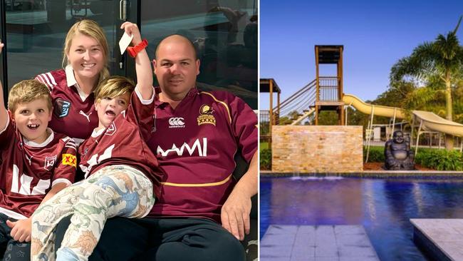 Pool builder Jamie Strachan with wife Rose and children Reef, 7, and Hunter, 5, are selling their Wamuran home