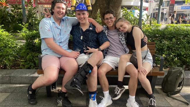 Max Munro (18), Lachlan Sayer (18), Jack McAuliffe (18) and Romi Gould (18) of Melbourne living their Schoolies 2022 dream. Picture: Ashleigh Jansen