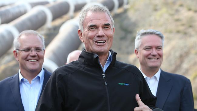 Paul Broad (centre) in 2019 when he was Snowy Hydro boss, with then-PM Scott Morrison (left) and then-finance minister Mathias Cormann. Picture: Kym Smith