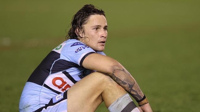 Nicho Hynes was gutted after the Sharks’ golden-point loss to the Cowboys. Picture: Mark Kolbe/Getty Images