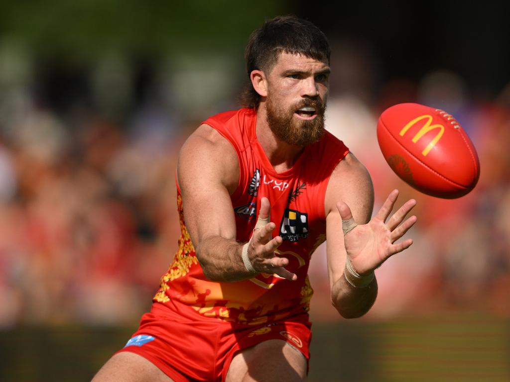 GOLD COAST, AUSTRALIA - APRIL 28: Sam Collins of the Suns competes for the ball during the round seven AFL match between Gold Coast Suns and West Coast Eagles at People First Stadium, on April 28, 2024, in Gold Coast, Australia. (Photo by Matt Roberts/AFL Photos/via Getty Images )