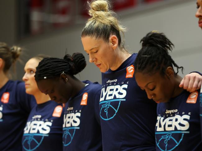 PERTH, AUSTRALIA - MARCH 14: Lauren Jackson of the Flyers lines up for the national anthem during game two of the WNBL Grand Final series between Perth Lynx and Southside Flyers at Bendat Basketball Stadium, on March 14, 2024, in Perth, Australia. (Photo by Paul Kane/Getty Images)