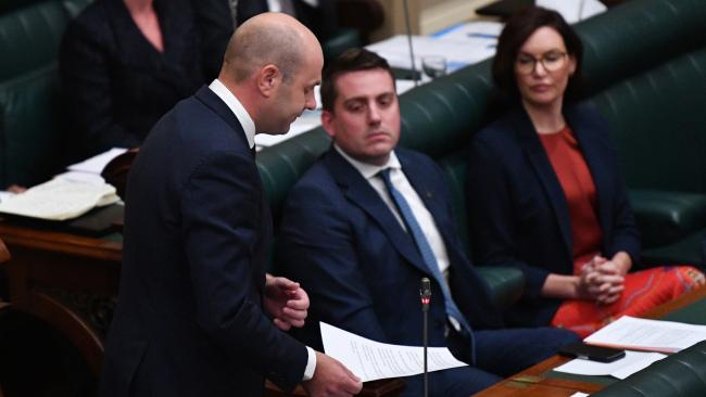 Liberal MP Sam Duluk reads a statement to the house during Question Time at the South Australian Parliament Picture: David Mariuz