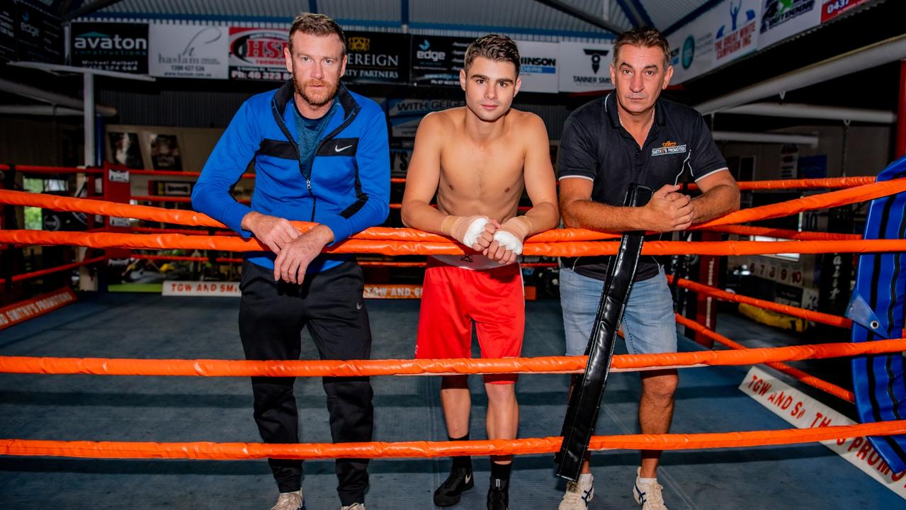 Warwick Boxing Club trainer Damien Lawler (left) with former champion amateur boxer Jake Wylie and TGW &amp; Smithy's Gym trainer-promoter Brendon Smith at Smithy's Gym this week. Picture: David Lobwein