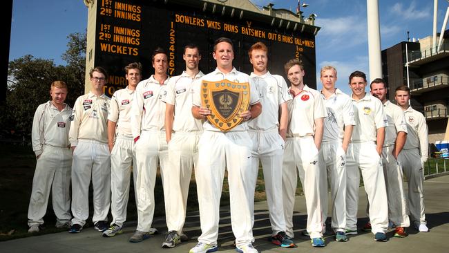 7/10/15 - Grade Cricket season launch. Group pics of all 13 Grade captains underneath the scoreboard at Adelaide Oval. Pic Simon Cross