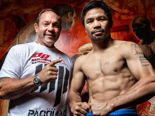 Australian trainer Justin Fortune and Manny Pacquiao. Picture: JP Yim/Getty Images