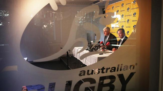 ARU chairman Cameron Clyne and CEO Bill Pulver at a press conference in April on the future of Super Rugby.