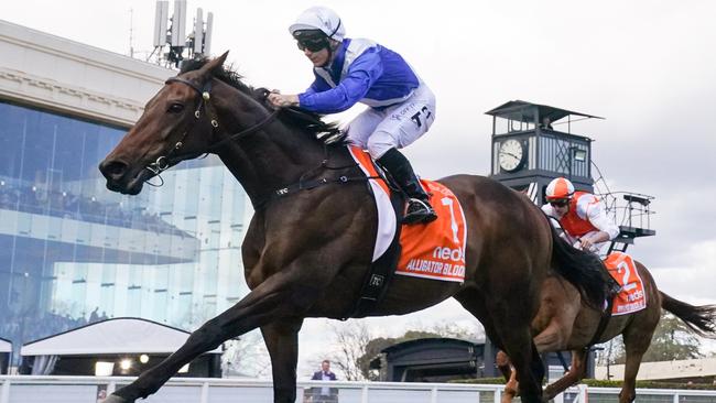 Alligator Blood ridden by Tim Clark wins the Neds Might And Power at Caulfield Racecourse on October 14, 2023 in Caulfield, Australia. (Photo by Scott Barbour/Racing Photos via Getty Images)