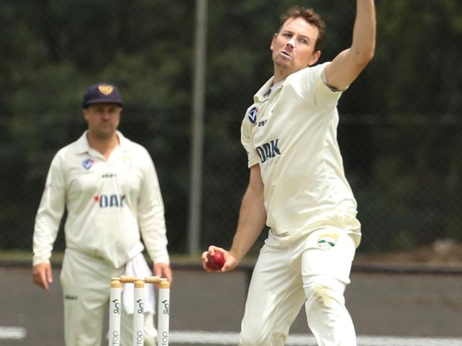 VSDCA Cricket: Bayswater v Oakleigh Bayswater batsmanMichael Splatt bowling for Oakleigh.Picture: Stuart Milligan