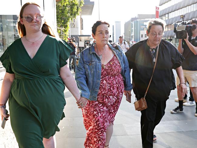 Ameliah Bowey with her mum Leoni Bowey and Helen Arthur, who are sisters of Hunter Valley bus crash victim Nadene McBride at Newcastle Court on Wednesday. Picture: NewsWire