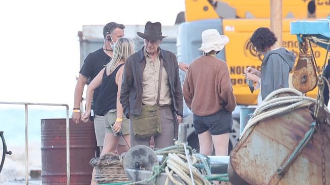 Harrison Ford and Phoebe Waller-Bridge on the set of the fifth and final Indiana Jones film at Castellammare del Golfo in Sicily. PIcture: Supplied