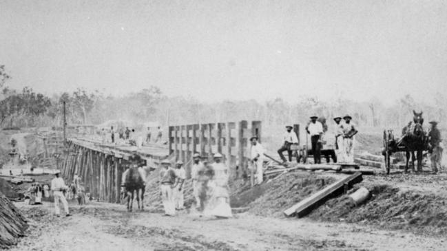 Construction of the Mary River Bridge, 1875. An engineering feat connecting the Fraser Coast and paving the way for progress. Source: Moreton Bay &amp; More