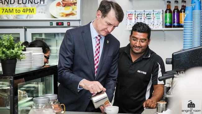 Hom Pyashi and Brisbane Lord Mayor Graham Quirk at the opening of the Engine Room Café in Teneriffe.