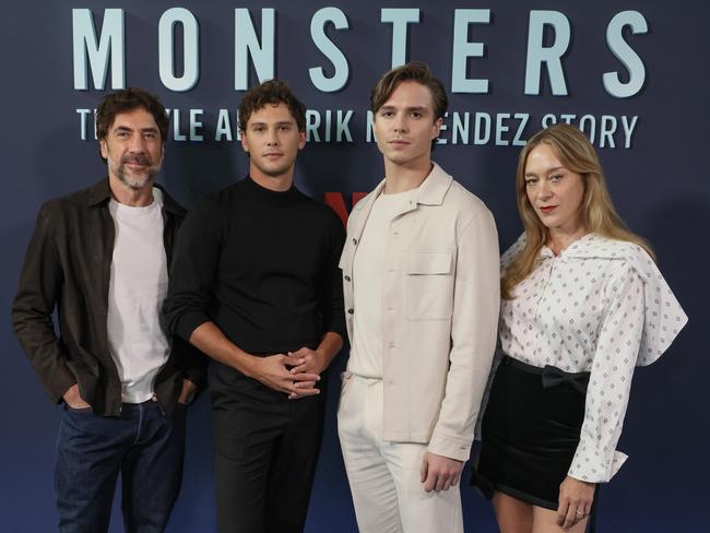 (L-R) Javier Bardem, Cooper Koch, Nicholas Alexander Chavez, and Chloe Sevigny attend Netflix's photocall for "Monsters: The Lyle And Erik Menendez Story". Picture: Getty Images