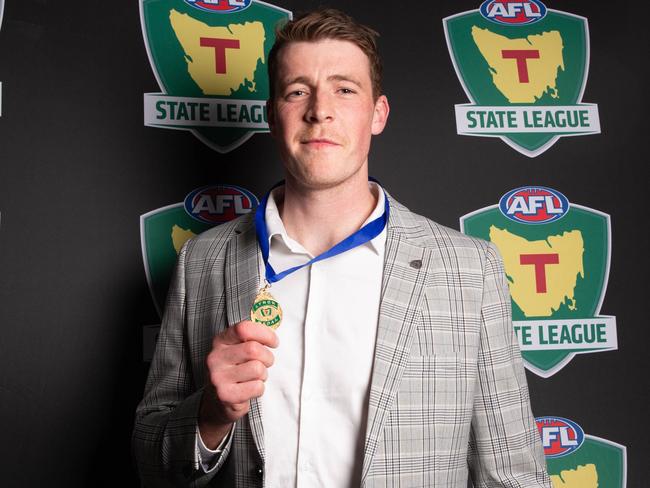 Lauderdale's Sam Siggins crowned the 2023 Tasmanian State League's Alastair Lynch Medalist. Picture: Linda Higginson.