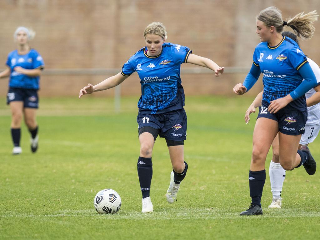 Mcailah Broadfoot for South West Queensland Thunder against Gold Coast United in NPLW Queensland round 14 football at Clive Berghofer Stadium, Saturday, June 19, 2021. Picture: Kevin Farmer