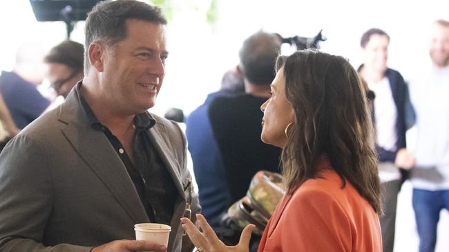 Karl Stefanovic and Lisa Wilkinson catch up on the Gold Coast at the event announcing 2022’s Logie nominees. Picture: Nigel Hallett