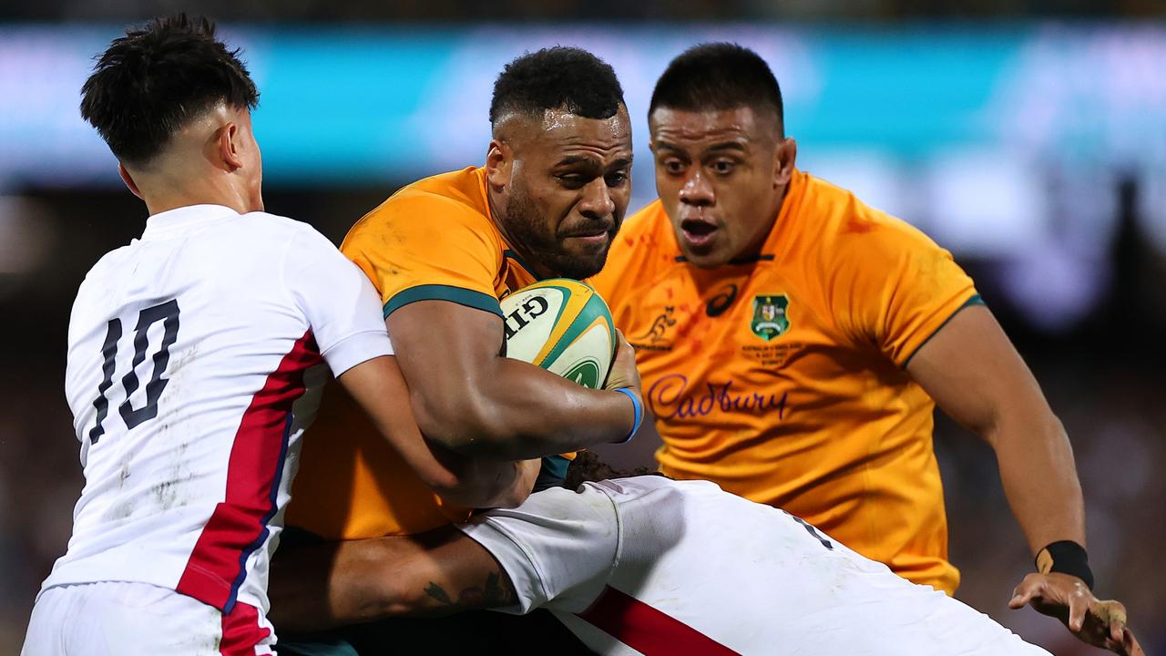 SYDNEY, AUSTRALIA - JULY 16: Samu Kerevi of the Wallabies is tackled during game three of the International Test match series between the Australia Wallabies and England at the Sydney Cricket Ground on July 16, 2022 in Sydney, Australia. (Photo by Cameron Spencer/Getty Images)
