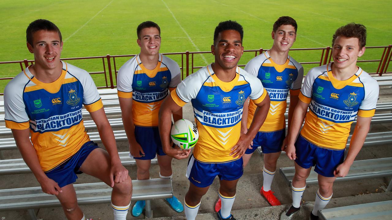 Patrician Brothers Blacktown young guns Jake Arthur, Samuel Loizou, Sunia Turuva, Sean Russell and Bailey Nouredine. Picture: Justin Lloyd